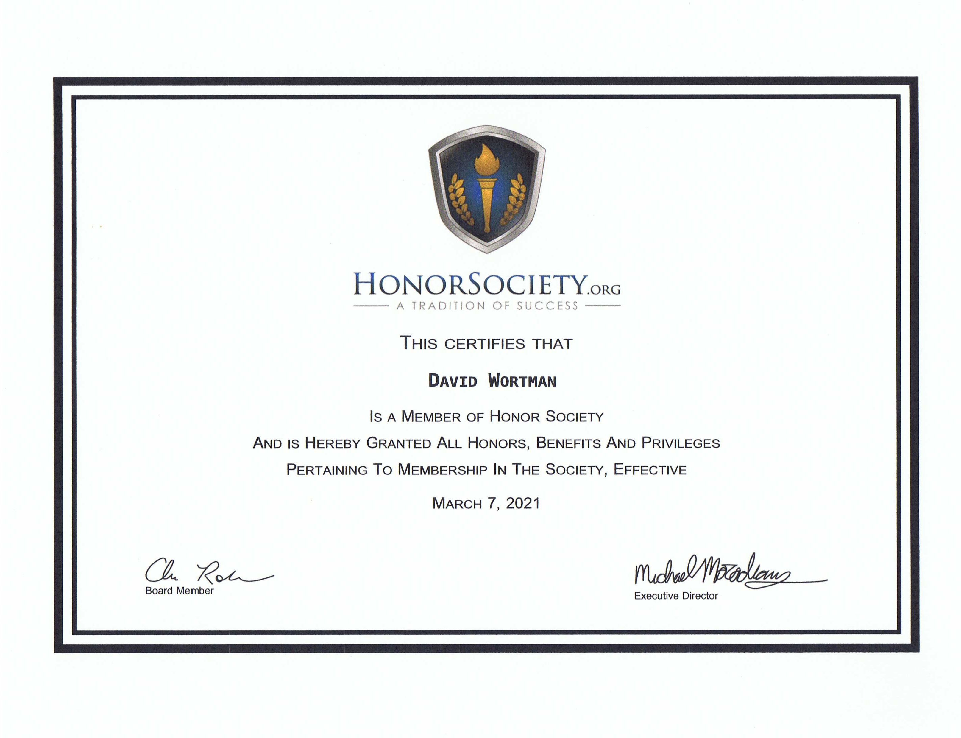 Honor Society Certificate